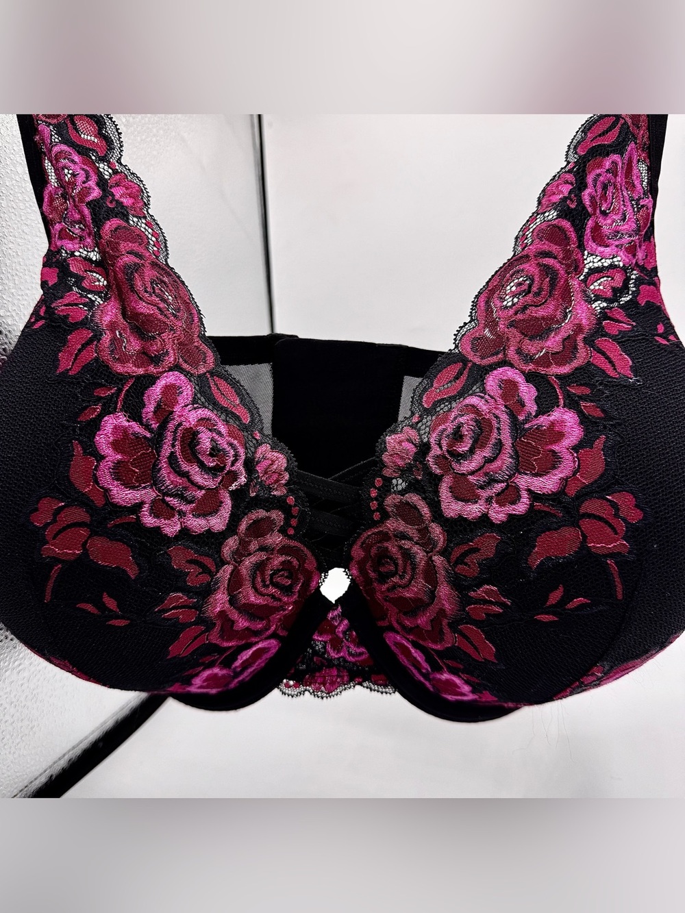 torrid Black Deep Plunge Bra with Pink & Burgundy Rose Embroidery.
